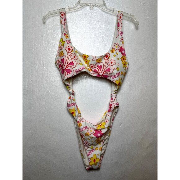Barbie Monokini SIZE L One-Piece Swimsuit‎ White Multicolored Flowers Beach Cute - Picture 1 of 6